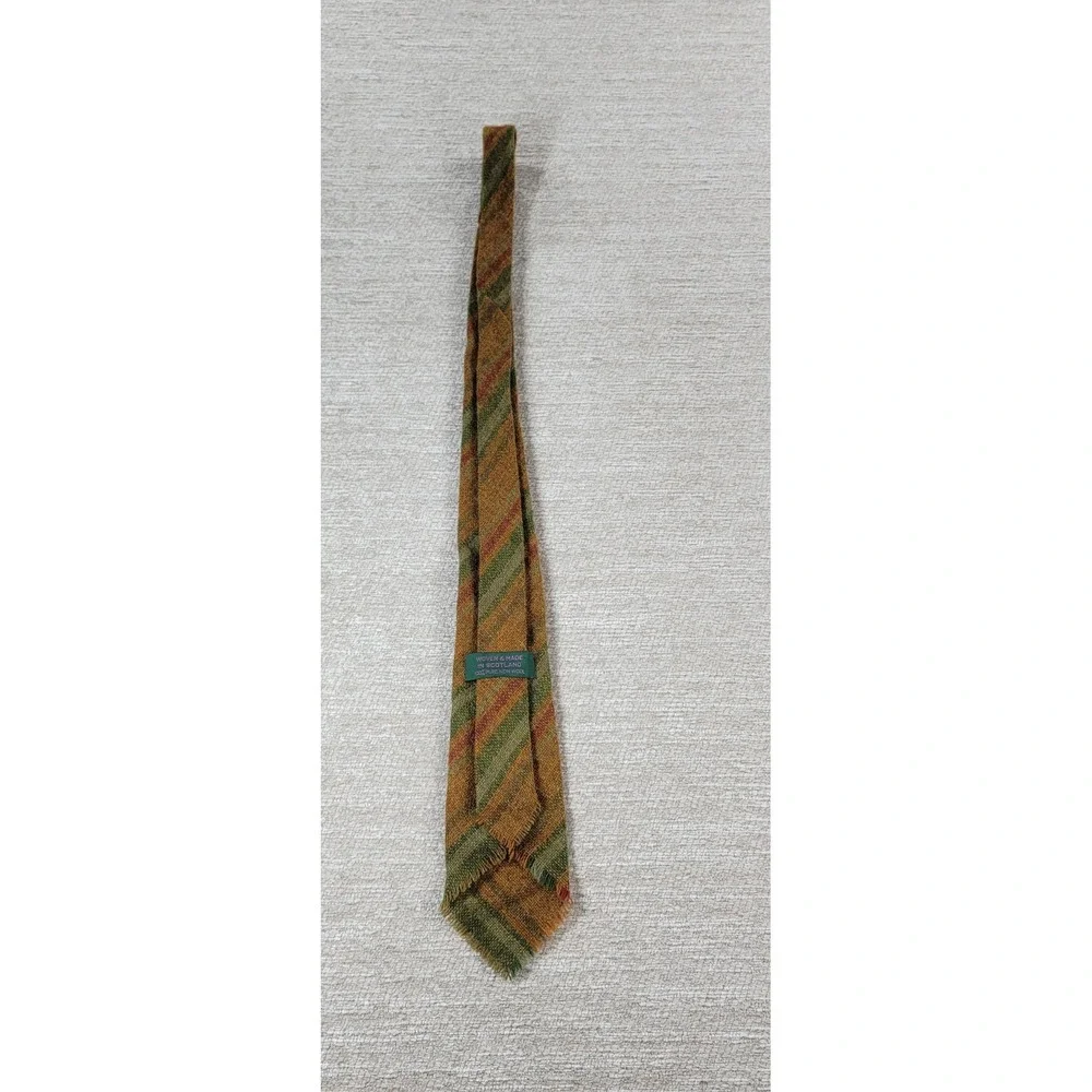 Scottish Lambswool Skinny Tie 100% Pure New Wool Raw Fringe Hem Striped Orange